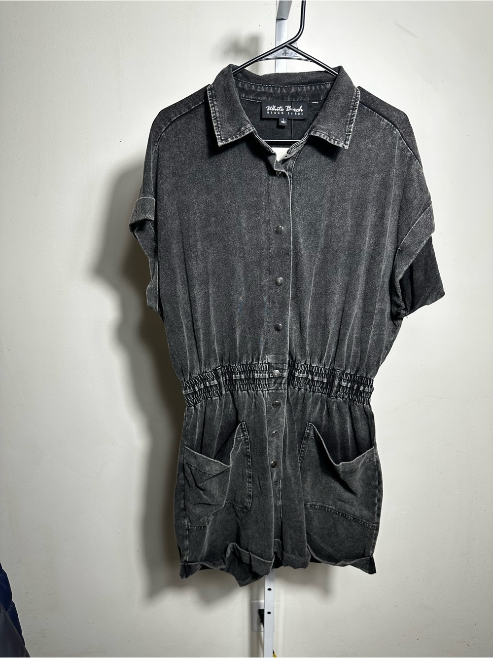 X110. white birch Washed Black Button-Front Short Sleeve Romper Top